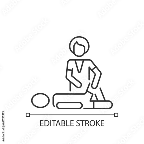 Sport massage linear icon. Help with injury recovery. Enhancing athletic performance. Thin line customizable illustration. Contour symbol. Vector isolated outline drawing. Editable stroke