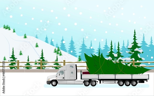 The movement of trucks on the road outside the city in the woods. Transportation of goods for Christmas and New Year.