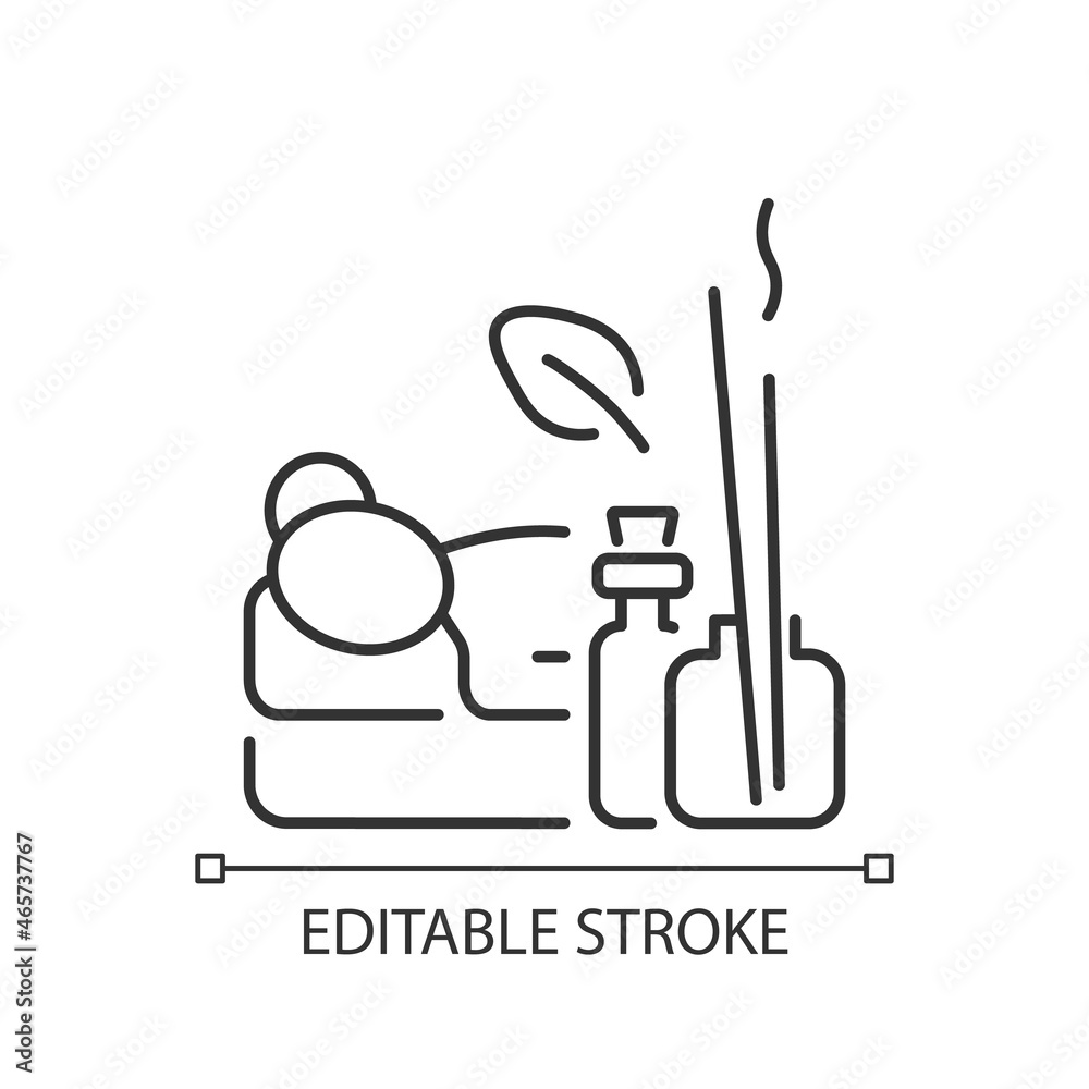 Aromatherapy massage linear icon. Using essential oils. Calming and healing effects. Thin line customizable illustration. Contour symbol. Vector isolated outline drawing. Editable stroke Aromatherapy massage linear icon. Using essential oils. Calming and healing effects. Thin line customizable illustration. Contour symbol. Vector isolated outline drawing. Editable stroke