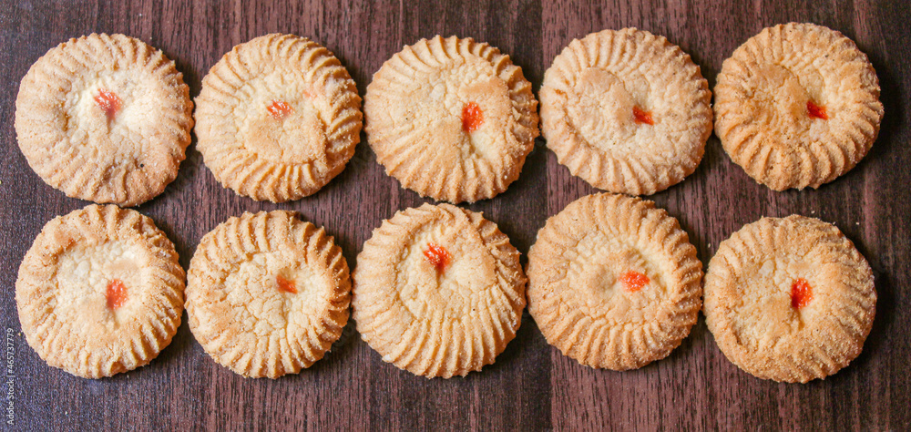 wheat biscuits background top view, selective focus