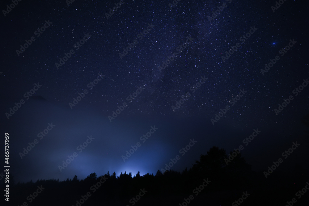 Beautiful view of starry sky over dark misty forest at night