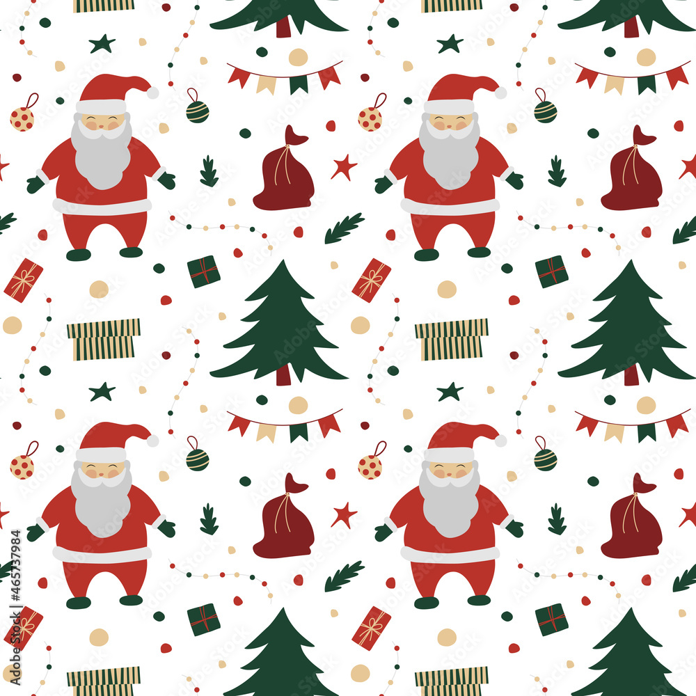 Vector christmas pattern with santa claus, christmas tree, flags, garland, gift boxes, bag with presents, stars, confetti, christmas decorations Vector christmas pattern with santa claus, christmas tree, flags, garland, gift boxes, bag with presents, stars, confetti, christmas decorations