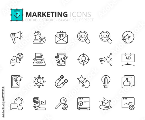 Simple set of outline icons about marketing. Communication concept.
