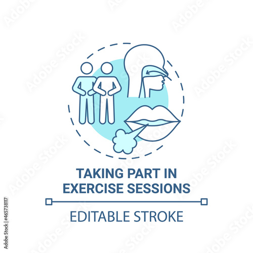 Taking part in excercise sessions blue concept icon. Pulmonary rehabilitation abstract idea thin line illustration. Breathing exercises. Vector isolated outline color drawing. Editable stroke