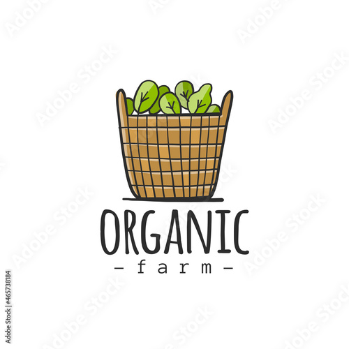 Organic farm logo design. Basket with greens. Green ecology concept