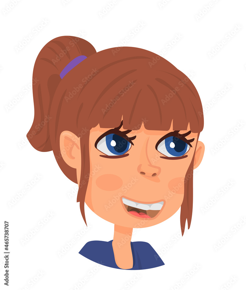 Girl with ponytail. Cute cartoon character. Young woman portrait