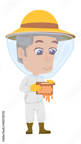 Happy beekeeper. Cute cartoon apiarist boy with honeycomb