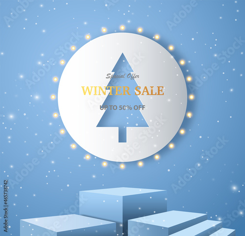 Product banner for a winter sale with a podium platform.