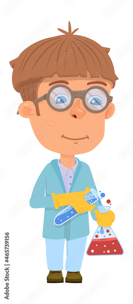 Scientist kid. Cartoon boy with flasks. Chemistry experiment Scientist kid. Cartoon boy with flasks. Chemistry experiment