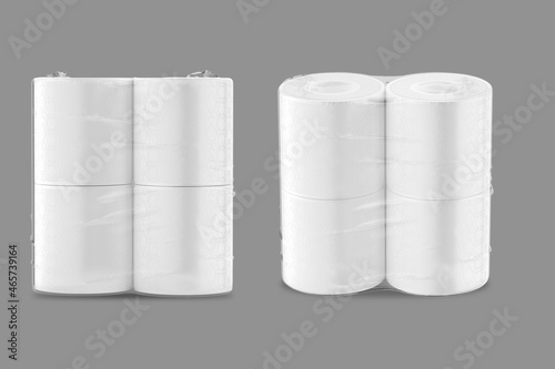 Empty blank white toilet paper set packaging Mock up isolated on grey background. 3d rendering.
