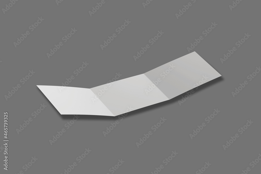Empty blank white trifold leaflet brochure mock up isolated on a grey background. 3d rendering. Empty blank white trifold leaflet brochure mock up isolated on a grey background. 3d rendering.