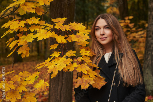 portrait of a beautiful woman next to an autumn maple tree in the forest