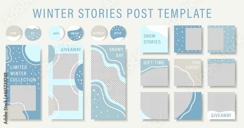 Winter Design template backgrounds for social media banner.Snowy stories and post frame templates.Vector cover. Mockup for personal blog or shop.Layout for promotion. Endless square photos puzzle.