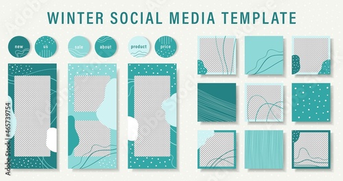 Winter Design template backgrounds for social media banner.Snowy stories and post frame templates.Vector cover. Mockup for personal blog or shop.Layout for promotion. Endless square photos puzzle.