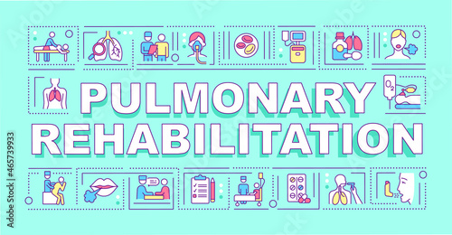 Pulmonary rehabilitation word concepts banner. Respiratory therapy. Infographics with linear icons on blue background. Isolated creative typography. Vector outline color illustration with text