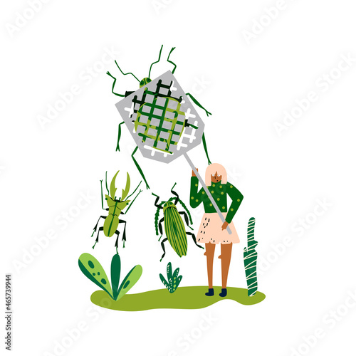 Young woman fight with insect by fly swatter. Mosquito counter measure illustration vector.