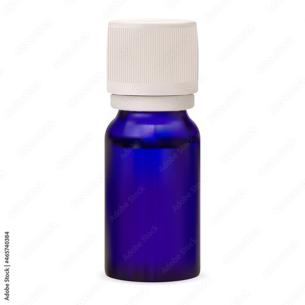 Small essential oil bottle. Blue glass container mockup. Liquid lavender syrup, aromatherapy flask cobalt blank. Herb essence or fruit aroma jar blank. Realistic nature serum vial