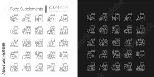 Food supplements linear icons set for dark and light mode. Dietary supplements for healthy lifestyle. Customizable thin line symbols. Isolated vector outline illustrations. Editable stroke