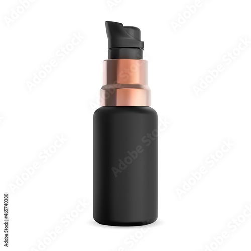 Pump bottle. Black airless cosmetic serum container mockup. Face skin foundation cream package, vector design. Realistic beauty care dispenser, aromatic essence jar. Isolated cleansing flask