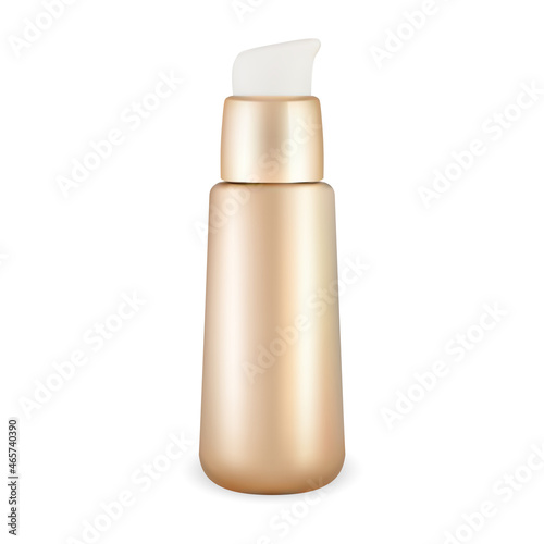 Golden plastic pump dottle. Airless cosmetic container mockup. Face cream dispenser cap bottle template. Foundation gel mini package blank. Beauty lotion packaging