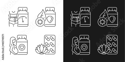 Food supplements linear icons set for dark and light mode. Pills for pregnant women. Immune boost supplements. Customizable thin line symbols. Isolated vector outline illustrations. Editable stroke