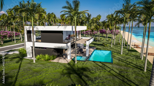 3d rendering of modern cozy house with pool and parking for sale or rent in luxurious style by the sea or ocean. Sunny day by the azure coast with palm trees and flowers in tropical island © korisbo