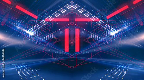 Dark abstract futuristic modern neon background. Futuristic space dark background with rays and neon lines. Neon abstraction. Symmetrical reflection, perspective. neon. 3D illustration. 