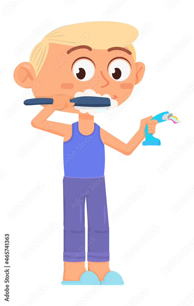 Boy washing teeth. Dental hygiene. Cartoon child character