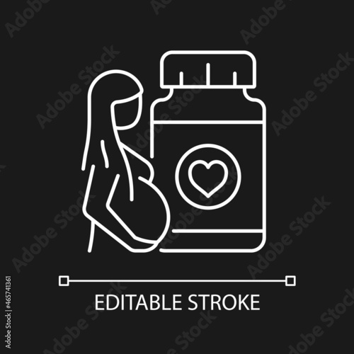 Supplements for pregnant women white linear icon for dark theme. Risk in baby development . Thin line customizable illustration. Isolated vector contour symbol for night mode. Editable stroke