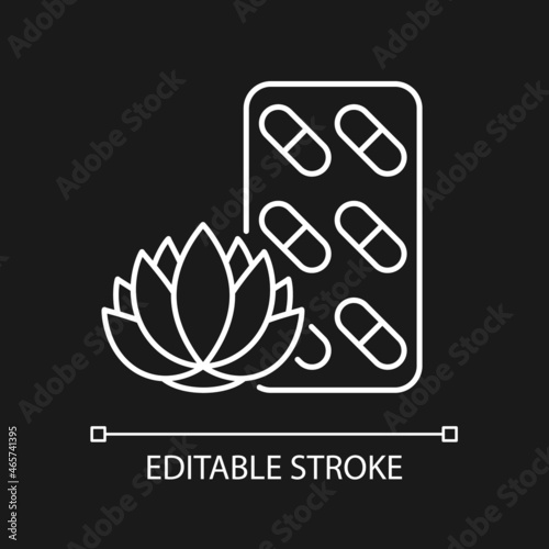 Tranquilizing supplements white linear icon for dark theme. Nervousness reducing. Peaceful rest. Thin line customizable illustration. Isolated vector contour symbol for night mode. Editable stroke