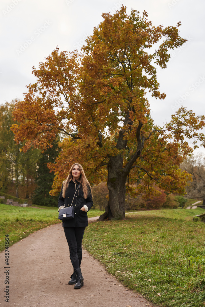 beautiful woman with long hair walks along the path in the autumn park beautiful woman with long hair walks along the path in the autumn park