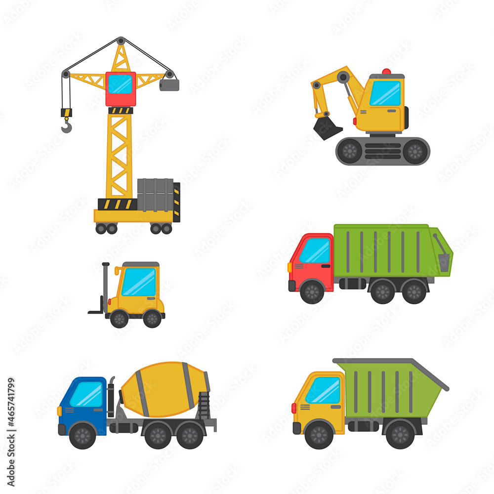 Set working building machine isolated on a white background. Special machines for the building and construction work. Icons kids cars for design of children's rooms, clothing, textiles.