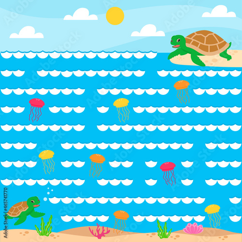 A game for children to develop logic. Labyrinth. Help the turtle get to mom. Vector illustration. Printed worksheet for preschoolers.