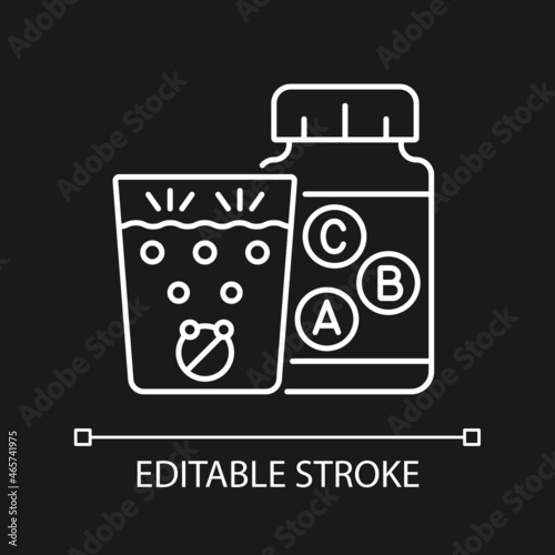 Vitamin effervescents white linear icon for dark theme. Water dissolving tablets for digestion. Thin line customizable illustration. Isolated vector contour symbol for night mode. Editable stroke
