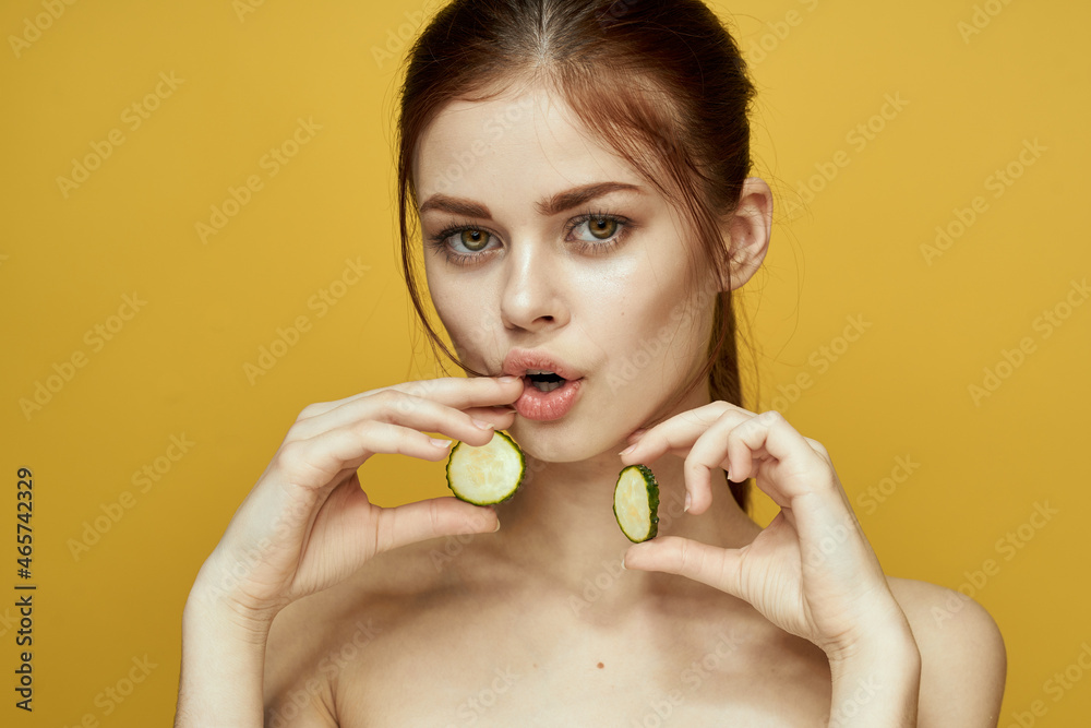 cheerful woman with cucumber vitamin skin care natural product cheerful woman with cucumber vitamin skin care natural product