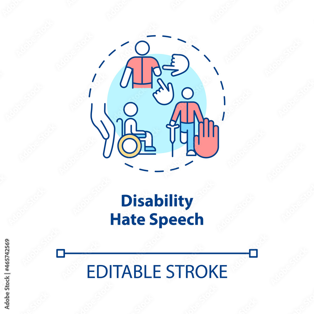 Disability hate speech concept icon. Human rights violation abstract idea thin line illustration. Hatred based on disability. Experience ableism. Vector isolated outline color drawing. Editable stroke