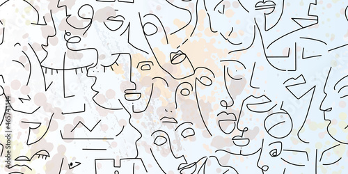 One line drawing. Abstract face seamless pattern.