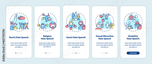 Hate speech against groups onboarding mobile app page screen. Offensive language walkthrough 5 steps graphic instructions with concepts. UI, UX, GUI vector template with linear color illustrations © bsd studio
