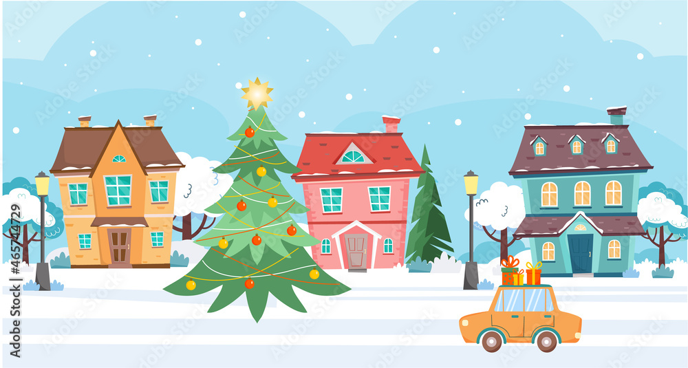 Cute houses at winter snow day. Car with fir tree and gift boxes drives down the street . Cottages, trees, street lamps, christmas tree, cars. Winter town at day time. Vector illustration. Cute houses at winter snow day. Car with fir tree and gift boxes drives down the street . Cottages, trees, street lamps, christmas tree, cars. Winter town at day time. Vector illustration.