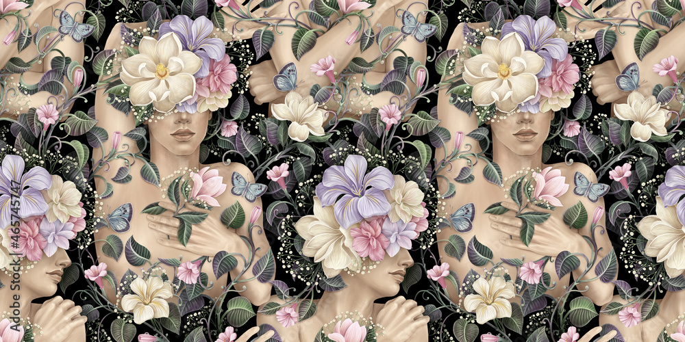 Floral seamless pattern. Beautiful naked men, romantic woman 