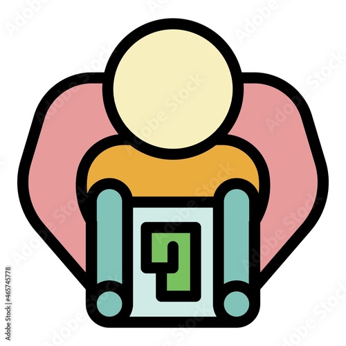 Man and house scheme icon. Outline man and house scheme vector icon color flat isolated