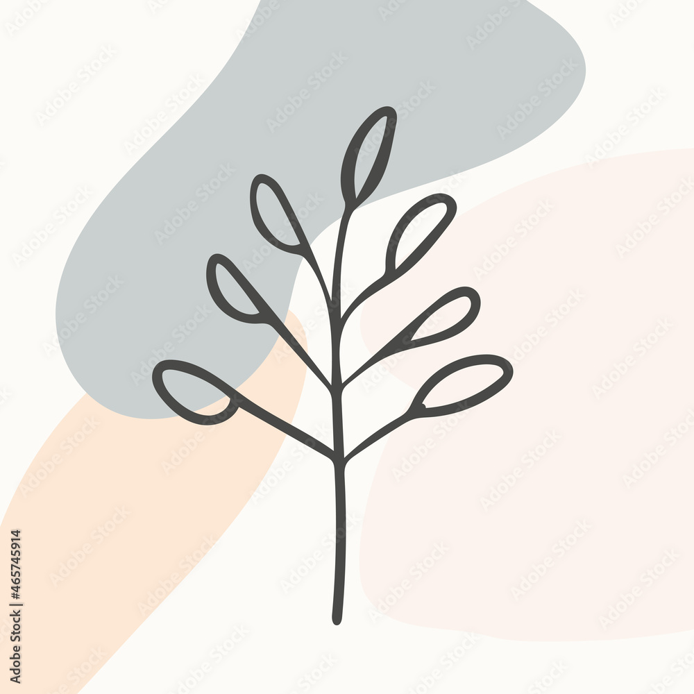 Abstract background image with rounded minimalistic shapes in muted colors and a branch with leaves. Vector illustration for print, internet, postcard, poster, interior, textile.