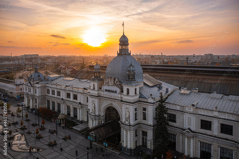 View on  railway station in lviv from drone
