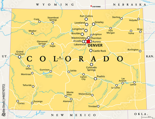 Colorado, CO political map with the capital Denver, most important rivers and lakes. State in the Mountain West subregion of the Western United States of America nicknamed The Centennial State. Vector photo