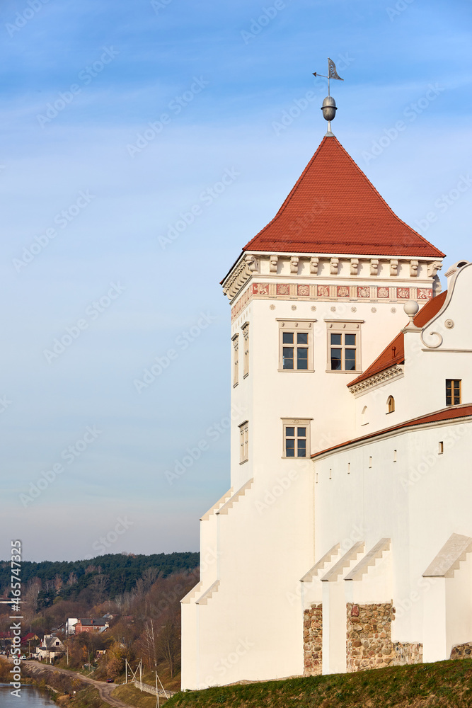 Grodno Old castle on the Castle Hill, an ancient oldest royal Castle of Belarus and church, historical monument. Building exterior in autumn Eastern European visa free city Grodno or Hrodna Belarus.