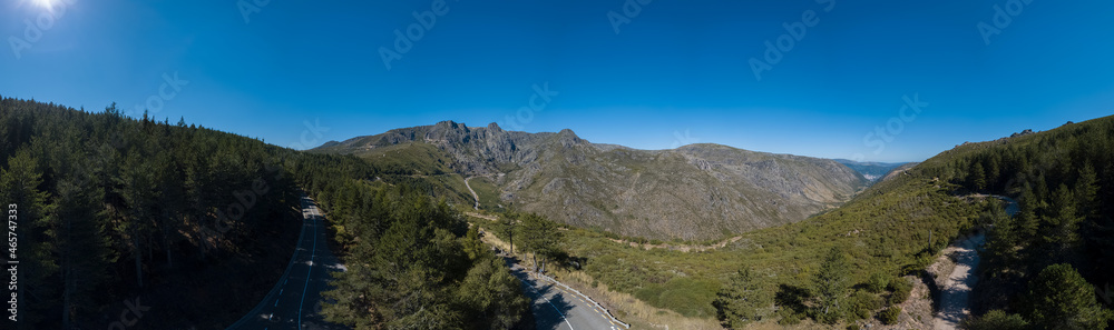 Panoramic aerial view at the top of the mountains of the Serra da Estrela natural park, Star Mountain Range, glacier valley and mountain landscape