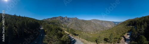 Panoramic aerial view at the top of the mountains of the Serra da Estrela natural park, Star Mountain Range, glacier valley and mountain landscape