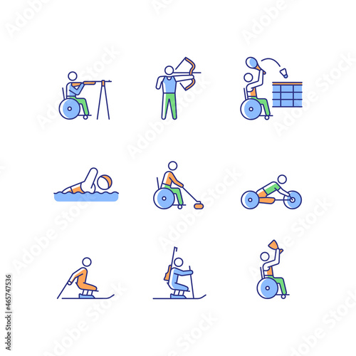 Athletes with disabilities RGB color icons set. Sport games with equipment. Adaptive tournaments. People with disability. Isolated vector illustrations. Simple filled line drawings collection