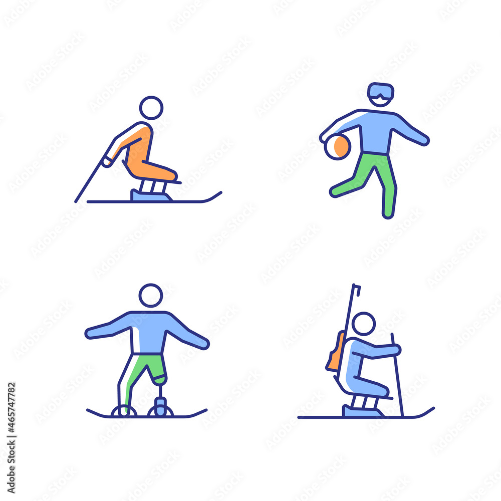 Winter season athletics RGB color icons set. Adaptive competitive disciplines. Sports with equipment. Disabled sportsmen. Isolated vector illustrations. Simple filled line drawings collection