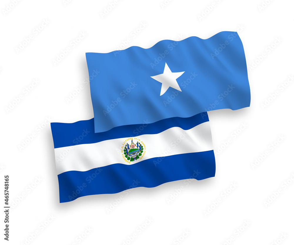 National vector fabric wave flags of Republic of El Salvador and Somalia isolated on white background. 1 to 2 proportion. National vector fabric wave flags of Republic of El Salvador and Somalia isolated on white background. 1 to 2 proportion.